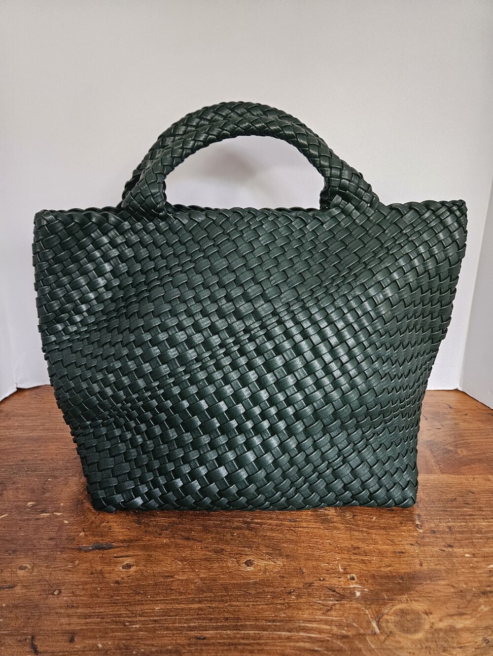 Dark Green Woven Tote Vegan Faux Leather Purse Bag Forest Green With Handles